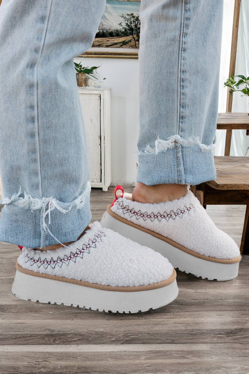 Embroidered Sherpa Plush Thick Sole Winter Slippers